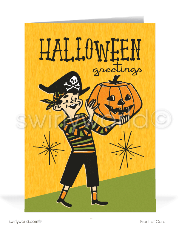 Mid-Century Mod Vintage 1950s-1960s Pumpkin Pirate MCM Printed Halloween Cards