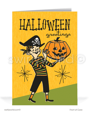 Celebrate Halloween with Swirly World's retro MCM greeting cards. Featuring a boy dressed as a pirate holding a jack-o'-lantern, with starbursts and "Halloween Greetings" in retro typography. Perfect for mid-century style enthusiasts. Choose single-panel or folded options, with customizable envelopes available.