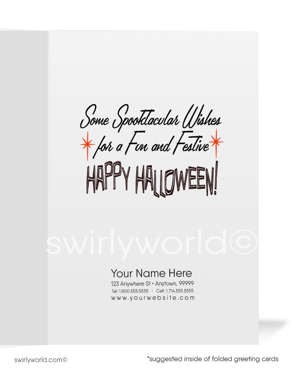 Capture the magic of mid-century nostalgia with Swirly World's Vintage Halloween Cards. Featuring two green-faced witches brewing spells under a vibrant orange sky with starbursts. The card reads "We've Been Brewing Up... Some Spooktacular Wishes." Choose single-panel or folded options with customizable envelopes.