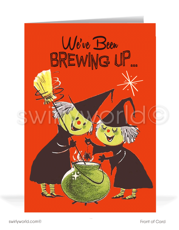 Capture the magic of mid-century nostalgia with Swirly World's Vintage Halloween Cards. Featuring two green-faced witches brewing spells under a vibrant orange sky with starbursts. The card reads "We've Been Brewing Up... Some Spooktacular Wishes." Choose single-panel or folded options with customizable envelopes.