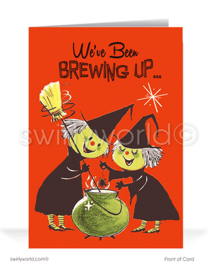 Capture the magic of mid-century nostalgia with Swirly World's Vintage Halloween Cards. Featuring two green-faced witches brewing spells under a vibrant orange sky with starbursts. The card reads "We've Been Brewing Up... Some Spooktacular Wishes." Choose single-panel or folded options with customizable envelopes.