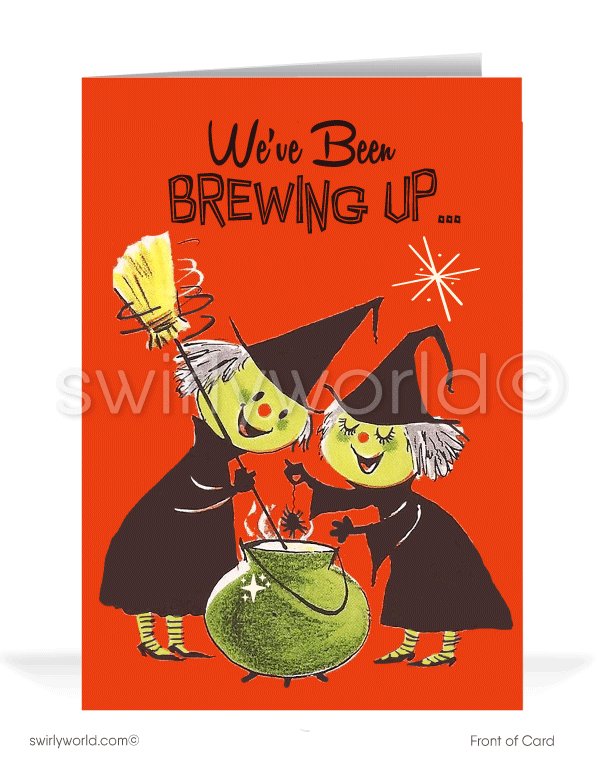 1950’s vintage mid-century Witches Brew Black Cauldron Happy Halloween Greeting Cards for Business Customers