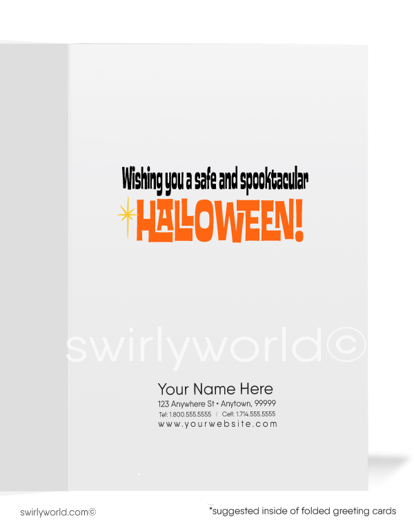Capture mid-century magic with Swirly World's retro MCM Halloween cards. Featuring a large hand with finger puppets in Halloween costumes and "Trick or Treat" in retro typography. Perfect for fans of 1950s style. Choose single-panel or folded options, with customizable envelopes available.