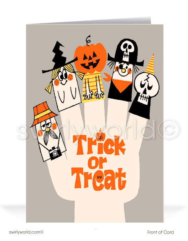Capture mid-century magic with Swirly World's retro MCM Halloween cards. Featuring a large hand with finger puppets in Halloween costumes and "Trick or Treat" in retro typography. Perfect for fans of 1950s style. Choose single-panel or folded options, with customizable envelopes available.