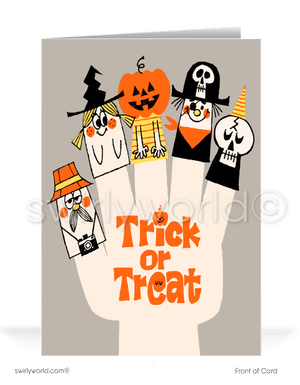 Capture mid-century magic with Swirly World's retro MCM Halloween cards. Featuring a large hand with finger puppets in Halloween costumes and "Trick or Treat" in retro typography. Perfect for fans of 1950s style. Choose single-panel or folded options, with customizable envelopes available.