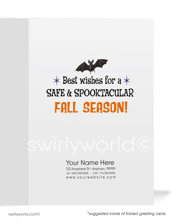 Capture the charm of 1930s-1940s Halloween with Swirly World's vintage-style cards. Featuring a witch and ghost trick-or-treaters startled by a spooky black cat under a starry night sky. Perfect for mid-century style lovers. Choose single-panel or folded options, with customizable envelopes available.