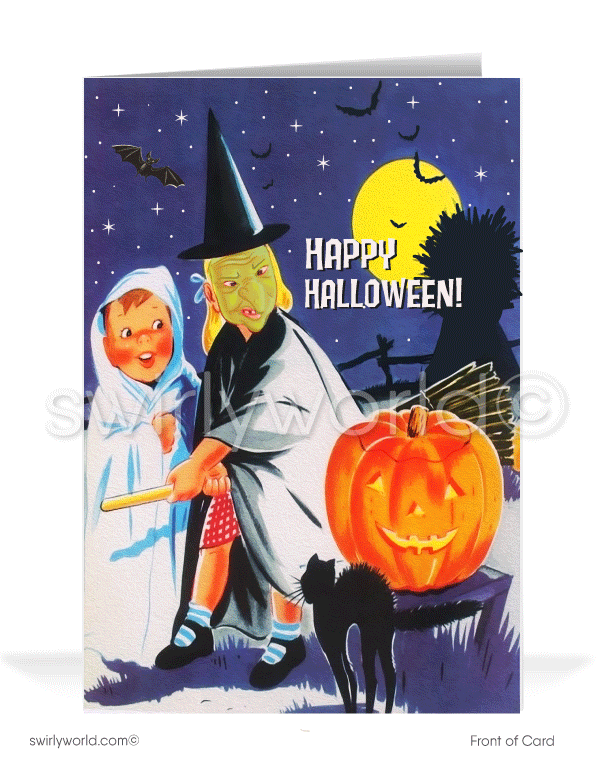 Capture the charm of 1930s-1940s Halloween with Swirly World's vintage-style cards. Featuring a witch and ghost trick-or-treaters startled by a spooky black cat under a starry night sky. Perfect for mid-century style lovers. Choose single-panel or folded options, with customizable envelopes available.