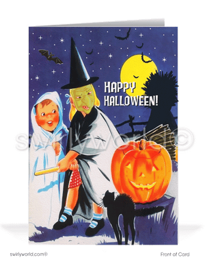 Capture the charm of 1930s-1940s Halloween with Swirly World's vintage-style cards. Featuring a witch and ghost trick-or-treaters startled by a spooky black cat under a starry night sky. Perfect for mid-century style lovers. Choose single-panel or folded options, with customizable envelopes available.