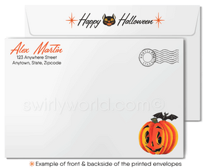Vintage Halloween Card with Black Cat, Jack-O-Lantern, and Bat in Kitschy 1940s-1950s Style