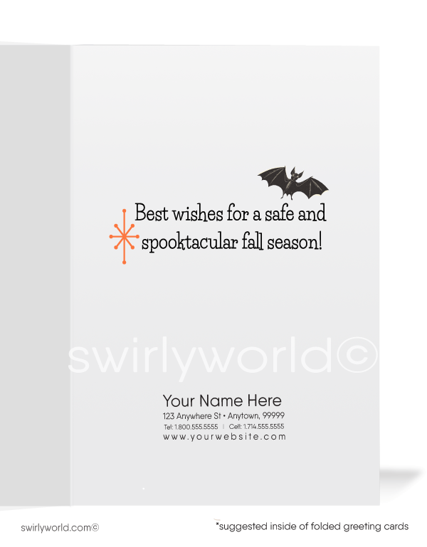 Celebrate Halloween with Swirly World's vintage 1940s-1950s style greeting card featuring a little girl popping out of a jack-o'-lantern and a retro "Happy Halloween" font. Available in flat or folded styles with custom envelope options. Add a nostalgic touch to your Halloween greetings this season!