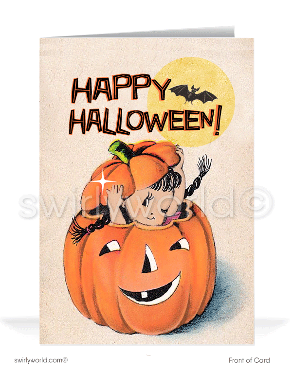Celebrate Halloween with Swirly World's vintage 1940s-1950s style greeting card featuring a little girl popping out of a jack-o'-lantern and a retro "Happy Halloween" font. Available in flat or folded styles with custom envelope options. Add a nostalgic touch to your Halloween greetings this season!