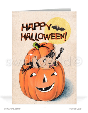 Celebrate Halloween with Swirly World's vintage 1940s-1950s style greeting card featuring a little girl popping out of a jack-o'-lantern and a retro "Happy Halloween" font. Available in flat or folded styles with custom envelope options. Add a nostalgic touch to your Halloween greetings this season!