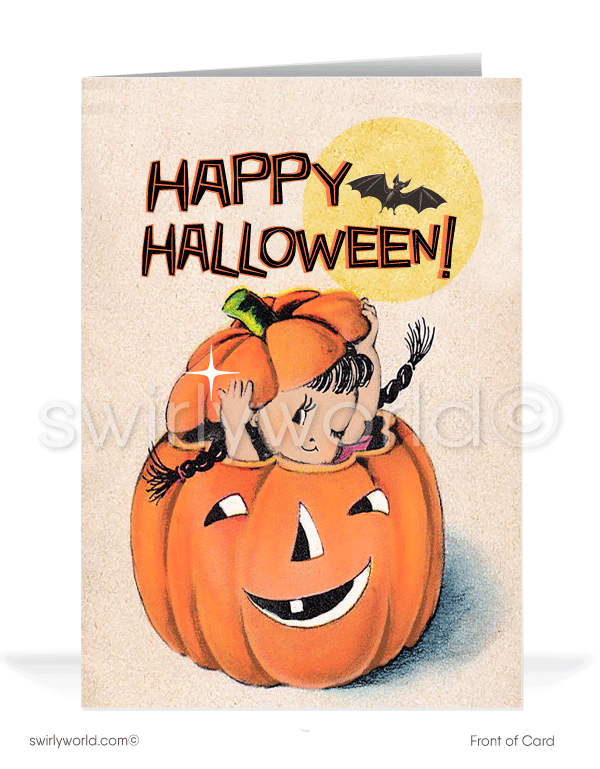 1930's-1940's Mid-Century Vintage Pumpkin Printed Happy Halloween Greetings Cards
