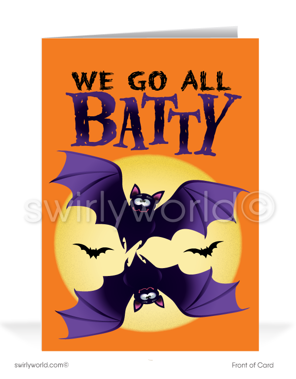Send smiles with Swirly World's Batty Halloween Greeting Card! Featuring playful flying bats and the fun phrase "We Go All Batty" on the front, this card is perfect for connecting with clients during the Fall season. Customize your message inside and personalize envelopes for a special touch!