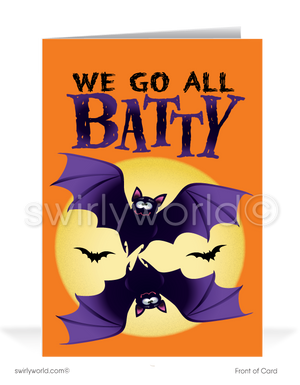 Send smiles with Swirly World's Batty Halloween Greeting Card! Featuring playful flying bats and the fun phrase "We Go All Batty" on the front, this card is perfect for connecting with clients during the Fall season. Customize your message inside and personalize envelopes for a special touch!