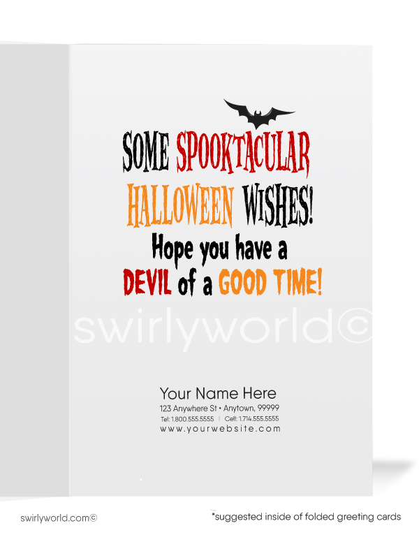 Spread Halloween cheer with Swirly World's Little Devil Greeting Card! Featuring a mischievous devil with a pitchfork and the phrase "Hoping to PITCH!" on the front, and "Some Spooktacular Halloween Wishes" inside. Perfect for clients and friends. Customizable envelopes available!