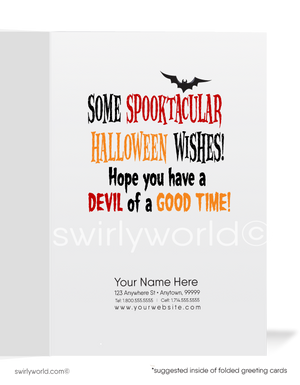 Funny Little Devil With Pitchfork Humorous Business Printed Halloween Cards for Customers