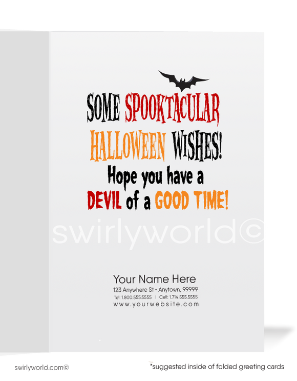 Funny Little Devil With Pitchfork Humorous Business Printed Halloween Cards for Customers
