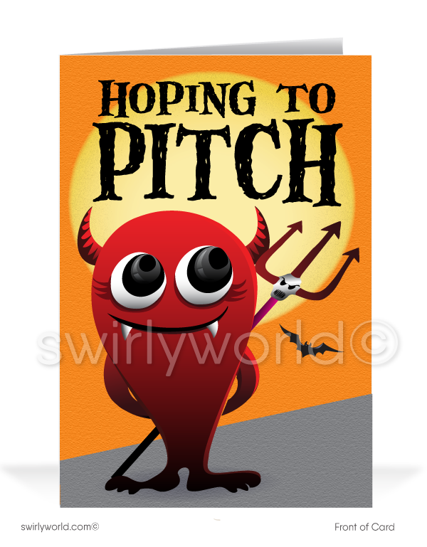 Spread Halloween cheer with Swirly World's Little Devil Greeting Card! Featuring a mischievous devil with a pitchfork and the phrase "Hoping to PITCH!" on the front, and "Some Spooktacular Halloween Wishes" inside. Perfect for clients and friends. Customizable envelopes available!