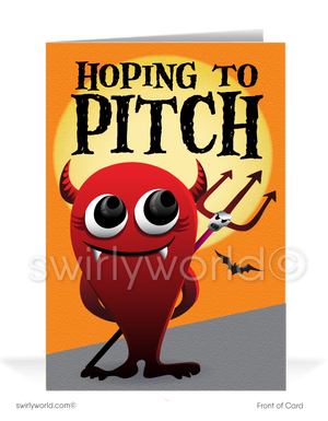 Spread Halloween cheer with Swirly World's Little Devil Greeting Card! Featuring a mischievous devil with a pitchfork and the phrase "Hoping to PITCH!" on the front, and "Some Spooktacular Halloween Wishes" inside. Perfect for clients and friends. Customizable envelopes available!