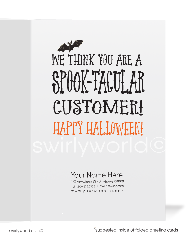 Make clients smile with Swirly World's Dancing Skeleton Halloween Greeting Card! Featuring a skeleton juggling bones with "No Bones About It" on the cover and "We Think You're Spook-Tacular!" inside, this card is perfect for spreading Halloween