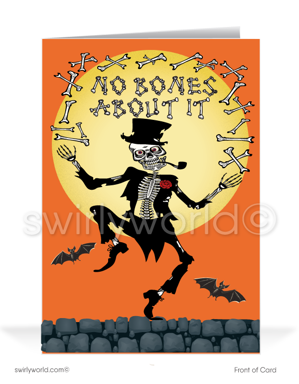 Make clients smile with Swirly World's Dancing Skeleton Halloween Greeting Card! Featuring a skeleton juggling bones with "No Bones About It" on the cover and "We Think You're Spook-Tacular!" inside, this card is perfect for spreading Halloween