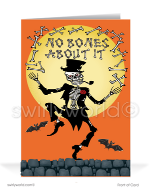 Make clients smile with Swirly World's Dancing Skeleton Halloween Greeting Card! Featuring a skeleton juggling bones with "No Bones About It" on the cover and "We Think You're Spook-Tacular!" inside, this card is perfect for spreading Halloween