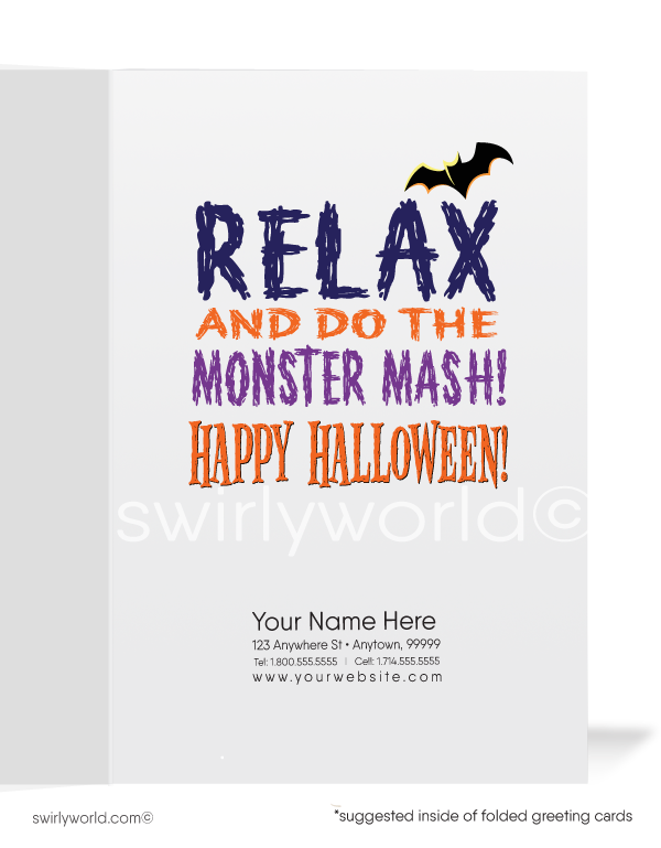 Celebrate Halloween with Swirly World's Frankenstein & Bride Greeting Card! Featuring "Frankie Says...!" on the front and "Relax and Do the Monster Mash!" inside, this card is perfect for spreading spooky cheer to clients and friends. Customizable envelopes available!