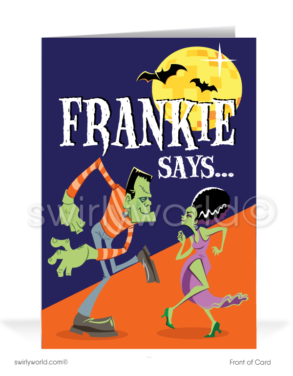 Celebrate Halloween with Swirly World's Frankenstein & Bride Greeting Card! Featuring "Frankie Says...!" on the front and "Relax and Do the Monster Mash!" inside, this card is perfect for spreading spooky cheer to clients and friends. Customizable envelopes available!