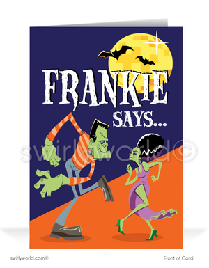 Celebrate Halloween with Swirly World's Frankenstein & Bride Greeting Card! Featuring "Frankie Says...!" on the front and "Relax and Do the Monster Mash!" inside, this card is perfect for spreading spooky cheer to clients and friends. Customizable envelopes available!