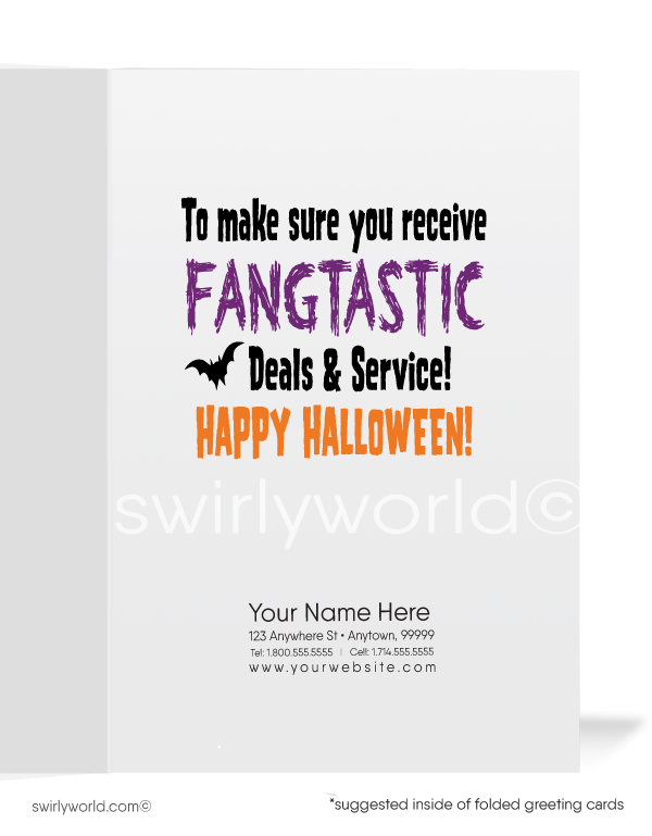 Send Halloween smiles with Swirly World's Vampira Greeting Card! Featuring Vampira against a moonlit sky with bats and the fun phrase "I'll Stay Up All Hours," this card is perfect for connecting with clients. Customize the message inside and personalize envelopes for a special touch!