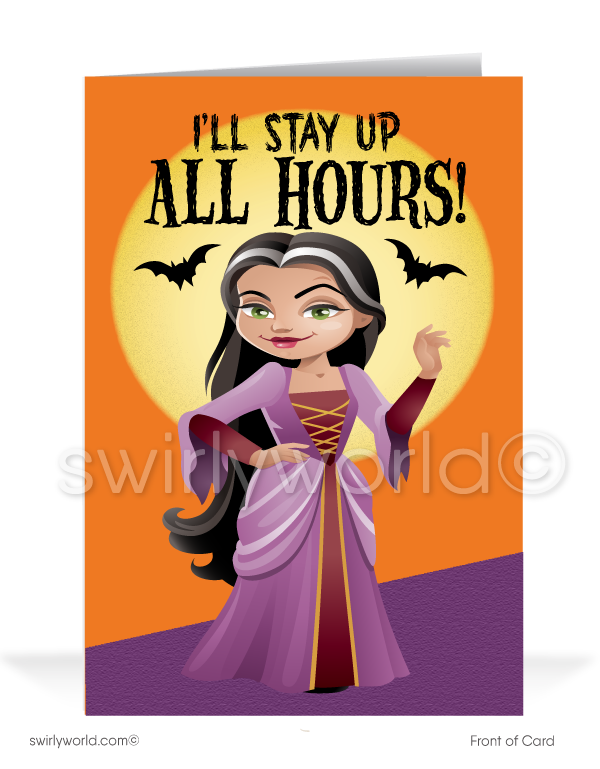 Send Halloween smiles with Swirly World's Vampira Greeting Card! Featuring Vampira against a moonlit sky with bats and the fun phrase "I'll Stay Up All Hours," this card is perfect for connecting with clients. Customize the message inside and personalize envelopes for a special touch!