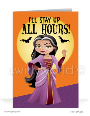 Send Halloween smiles with Swirly World's Vampira Greeting Card! Featuring Vampira against a moonlit sky with bats and the fun phrase "I'll Stay Up All Hours," this card is perfect for connecting with clients. Customize the message inside and personalize envelopes for a special touch!