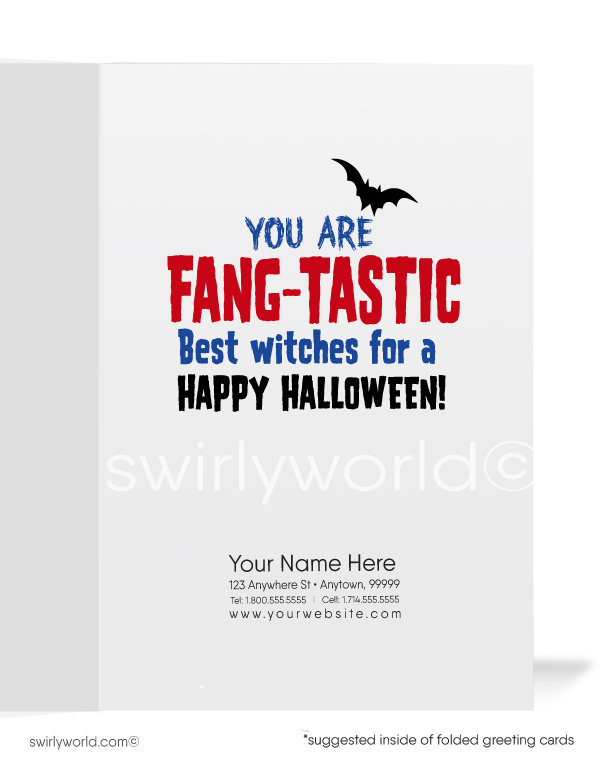 Spread Halloween cheer with Swirly World's Dracula Vampire Greeting Card! Featuring a playful vampire against a moonlit, starry sky with the fun message "FANGS A LOT," this card is perfect for connecting with clients and customers. Personalize with custom envelopes for an added touch!