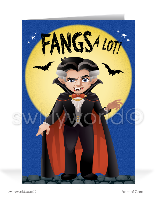 Spread Halloween cheer with Swirly World's Dracula Vampire Greeting Card! Featuring a playful vampire against a moonlit, starry sky with the fun message "FANGS A LOT," this card is perfect for connecting with clients and customers. Personalize with custom envelopes for an added touch!