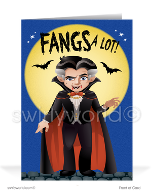 Spread Halloween cheer with Swirly World's Dracula Vampire Greeting Card! Featuring a playful vampire against a moonlit, starry sky with the fun message "FANGS A LOT," this card is perfect for connecting with clients and customers. Personalize with custom envelopes for an added touch!
