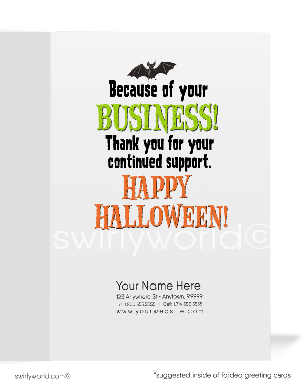 Send spooky fun with Swirly World's Frankenstein Monster Halloween Greeting Card! Featuring a snarling Frankenstein against a moonlit orange sky with the message "We Are ALIVE" and "Thanks To Your BUSINESS!" inside. Perfect for connecting with clients and patrons. Customizable envelopes available!