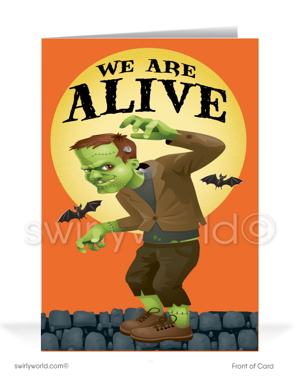 Send spooky fun with Swirly World's Frankenstein Monster Halloween Greeting Card! Featuring a snarling Frankenstein against a moonlit orange sky with the message "We Are ALIVE" and "Thanks To Your BUSINESS!" inside. Perfect for connecting with clients and patrons. Customizable envelopes available!