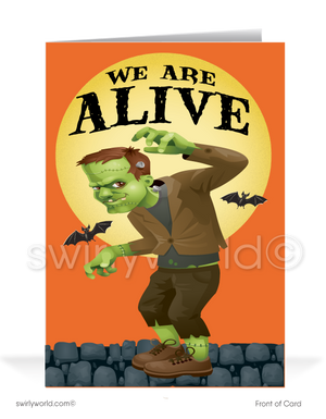 Send spooky fun with Swirly World's Frankenstein Monster Halloween Greeting Card! Featuring a snarling Frankenstein against a moonlit orange sky with the message "We Are ALIVE" and "Thanks To Your BUSINESS!" inside. Perfect for connecting with clients and patrons. Customizable envelopes available!