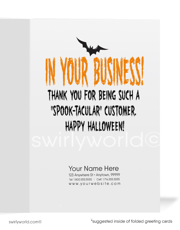 Spread Halloween laughs with Swirly World's Humorous Mummy Greeting Card. Featuring a funny mummy with "All Wrapped Up" on the front and "In Your Business!" inside, this card is perfect for connecting with clients and customers. Customizable envelopes available for a personalized touch!