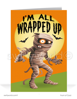 Spread Halloween laughs with Swirly World's Humorous Mummy Greeting Card. Featuring a funny mummy with "All Wrapped Up" on the front and "In Your Business!" inside, this card is perfect for connecting with clients and customers. Customizable envelopes available for a personalized touch!