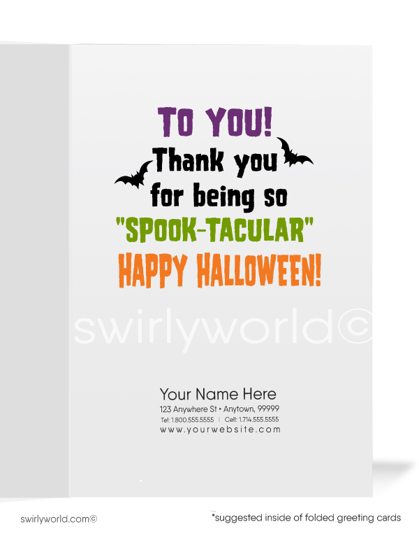 Send spooky fun with Swirly World's Hypnotized Zombie Halloween Greeting Card! Featuring a playful zombie with "We're Always DEAD-icated" on the front and "Thank you for being so SPOOK-TACULAR!" inside, this card is perfect for connecting with clients during the Fall season. Customizable envelopes available!