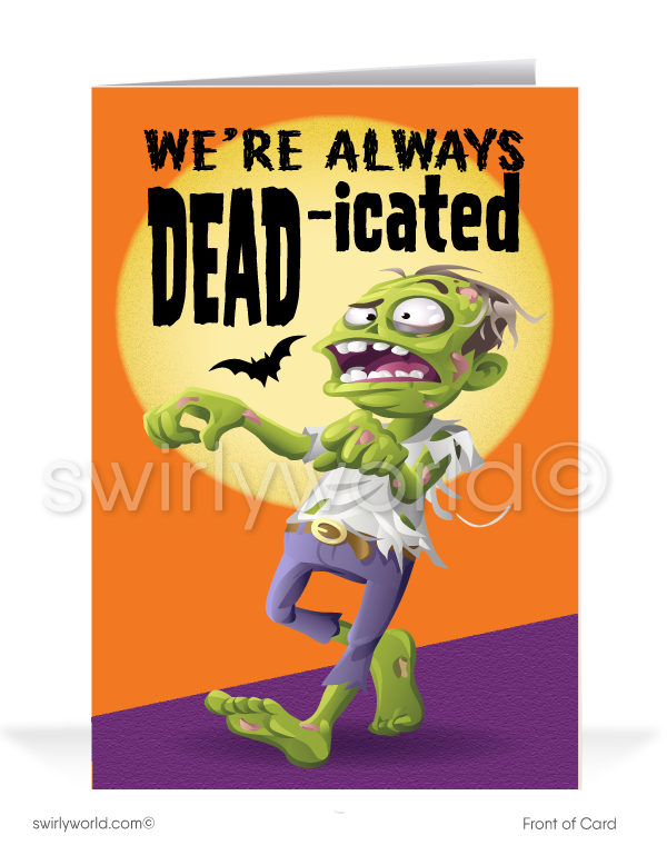 Send spooky fun with Swirly World's Hypnotized Zombie Halloween Greeting Card! Featuring a playful zombie with "We're Always DEAD-icated" on the front and "Thank you for being so SPOOK-TACULAR!" inside, this card is perfect for connecting with clients during the Fall season. Customizable envelopes available!