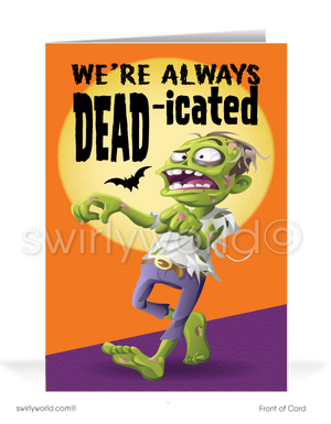 Send spooky fun with Swirly World's Hypnotized Zombie Halloween Greeting Card! Featuring a playful zombie with "We're Always DEAD-icated" on the front and "Thank you for being so SPOOK-TACULAR!" inside, this card is perfect for connecting with clients during the Fall season. Customizable envelopes available!