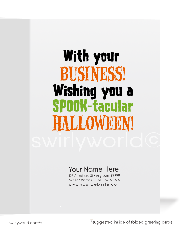 Strengthen connections with Swirly World's Bride of Frankenstein Halloween Greeting Card! Featuring the fun message "You Bring Me Back to Life!" on the front and "With Your Business!" inside. Perfect for sending Halloween cheer to clients and friends. Customizable envelopes available!
