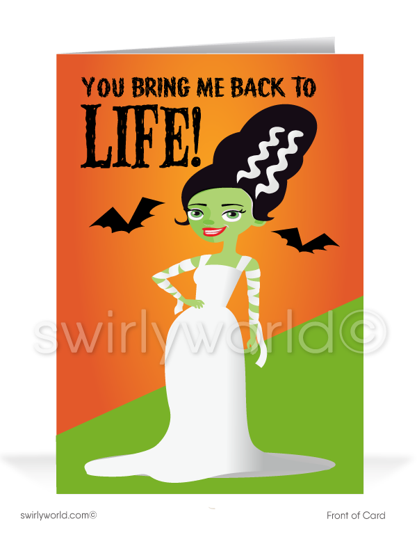 Strengthen connections with Swirly World's Bride of Frankenstein Halloween Greeting Card! Featuring the fun message "You Bring Me Back to Life!" on the front and "With Your Business!" inside. Perfect for sending Halloween cheer to clients and friends. Customizable envelopes available!