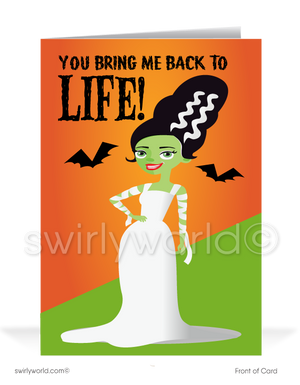 Strengthen connections with Swirly World's Bride of Frankenstein Halloween Greeting Card! Featuring the fun message "You Bring Me Back to Life!" on the front and "With Your Business!" inside. Perfect for sending Halloween cheer to clients and friends. Customizable envelopes available!