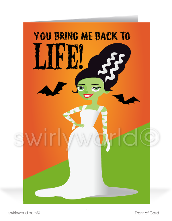 Funny Cartoon Bride of Frankenstein Company Business Halloween Cards for Customers