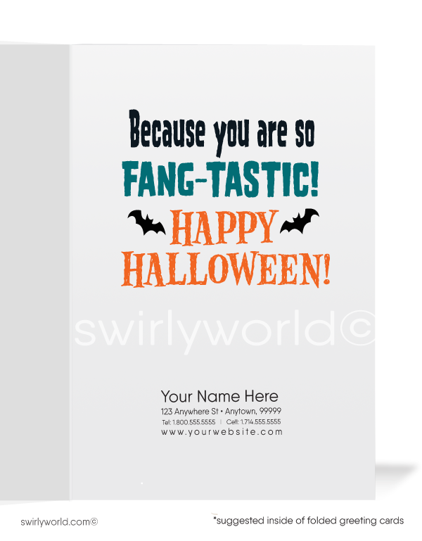 Send Halloween cheer with Swirly World's Howling Werewolf Greeting Card! Featuring a crooner werewolf singing "Howling at the Moon" and the fun message "Because you are so FANG-TASTIC! Happy Halloween!" inside. Perfect for clients and friends. Customizable envelopes available!