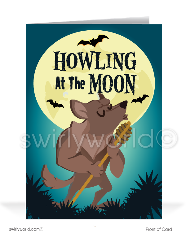 Send Halloween cheer with Swirly World's Howling Werewolf Greeting Card! Featuring a crooner werewolf singing "Howling at the Moon" and the fun message "Because you are so FANG-TASTIC! Happy Halloween!" inside. Perfect for clients and friends. Customizable envelopes available!